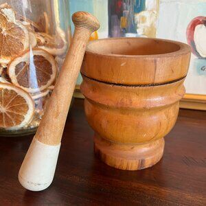 Vintage Mortar and Pestle Wood Stone Italy Cottagecore European Rustic Grandma